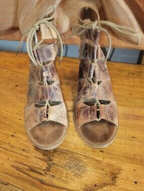 Diba True "Tren Dee" Brown Lace-Up Leather Sandals 3.75" Block Heel Size 10